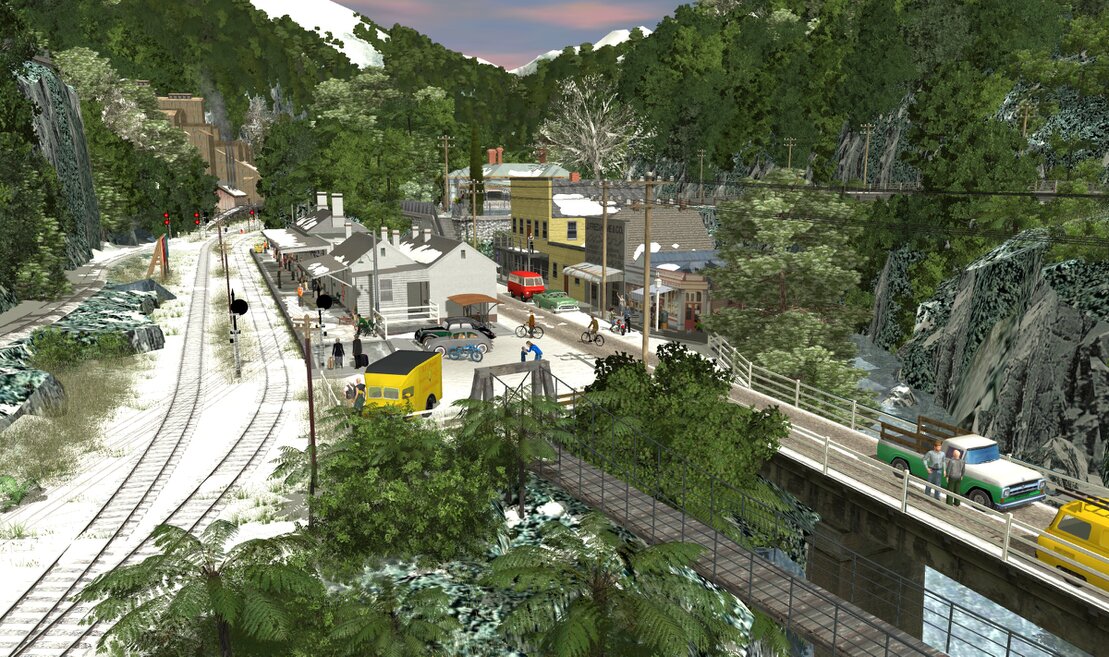 Trainz screenshot of an electric commuter train at a busy South African station