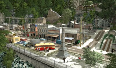 Collage of Trainz route screenshots showing varied railway scenery