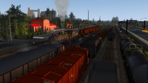 Collage of Trainz route screenshots showing varied railway scenery