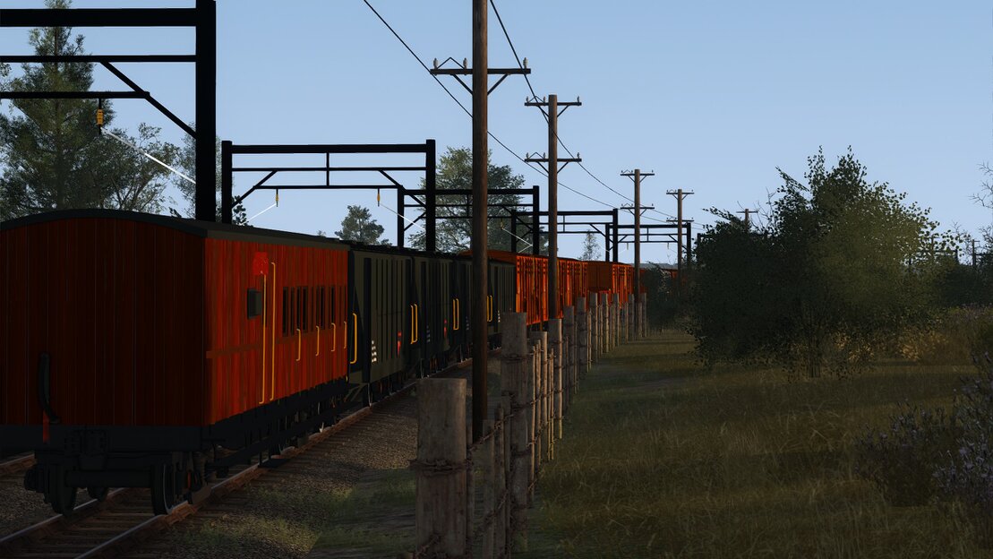 Trainz screenshot of a long South African freight at night